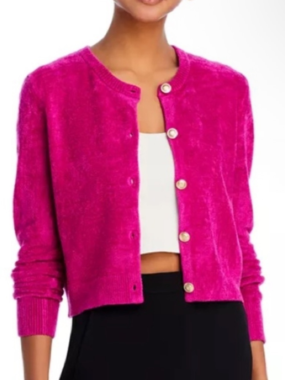 Aqua Fuchsia Button-Up Chenille Cardigan Gold Tone Buttons Large